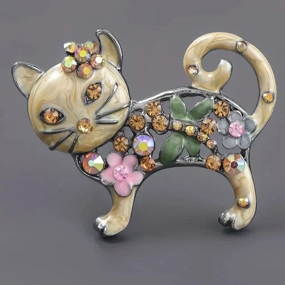 Brooch-cat, NIP,  enamel beige paint/ rhinestones, 1.9x1.5 - Picture 3 of 8